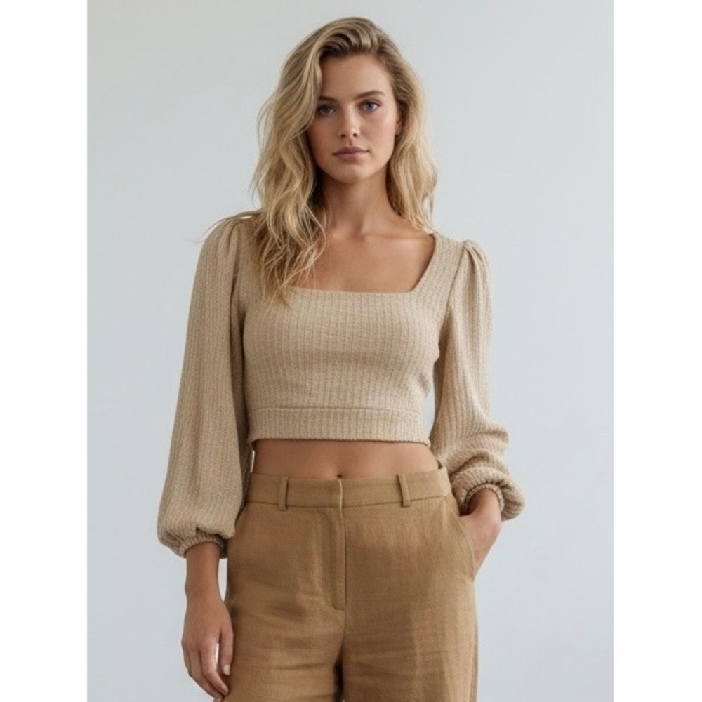 Beige Square Neck Open Back Tie Crop Top Balloon Sleeve Textured Size Small - Picture 1 of 6